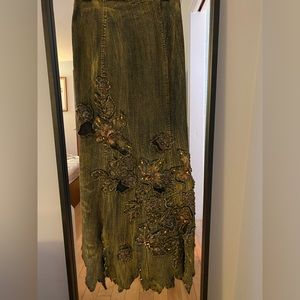 Full length denim skirt and corset with hand sewn appliqué